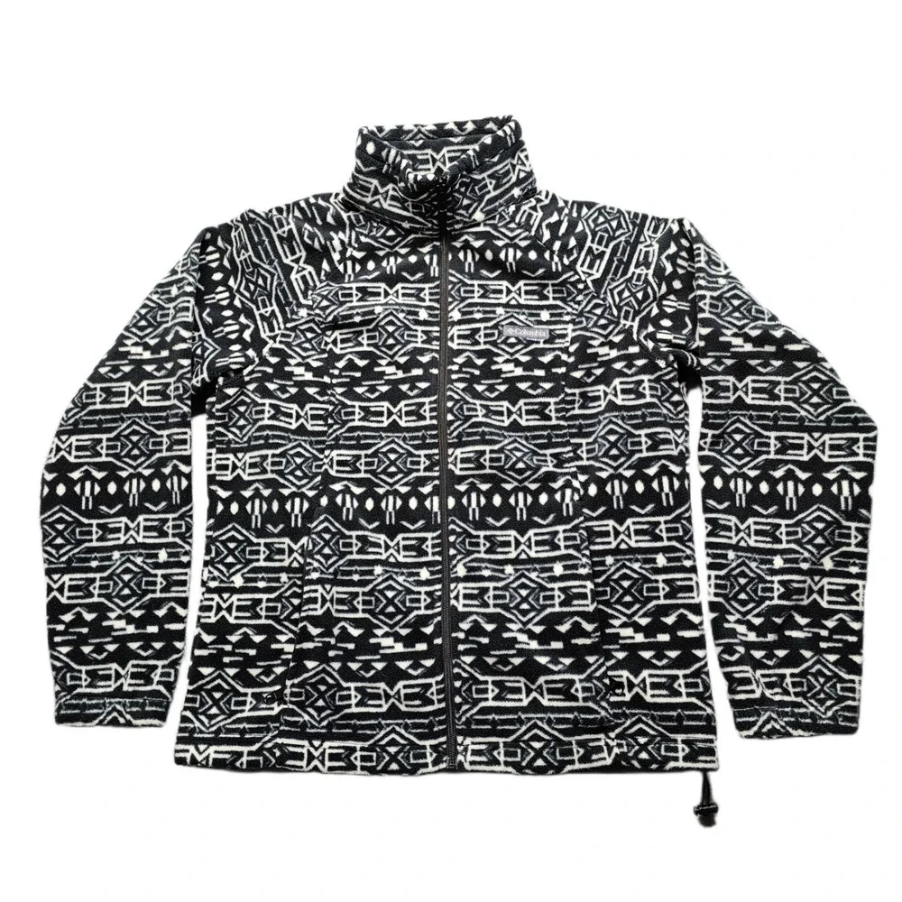 Columbia Full Zip Fleece Jacket Womens Size XL Black White Geometric Long Sleeve